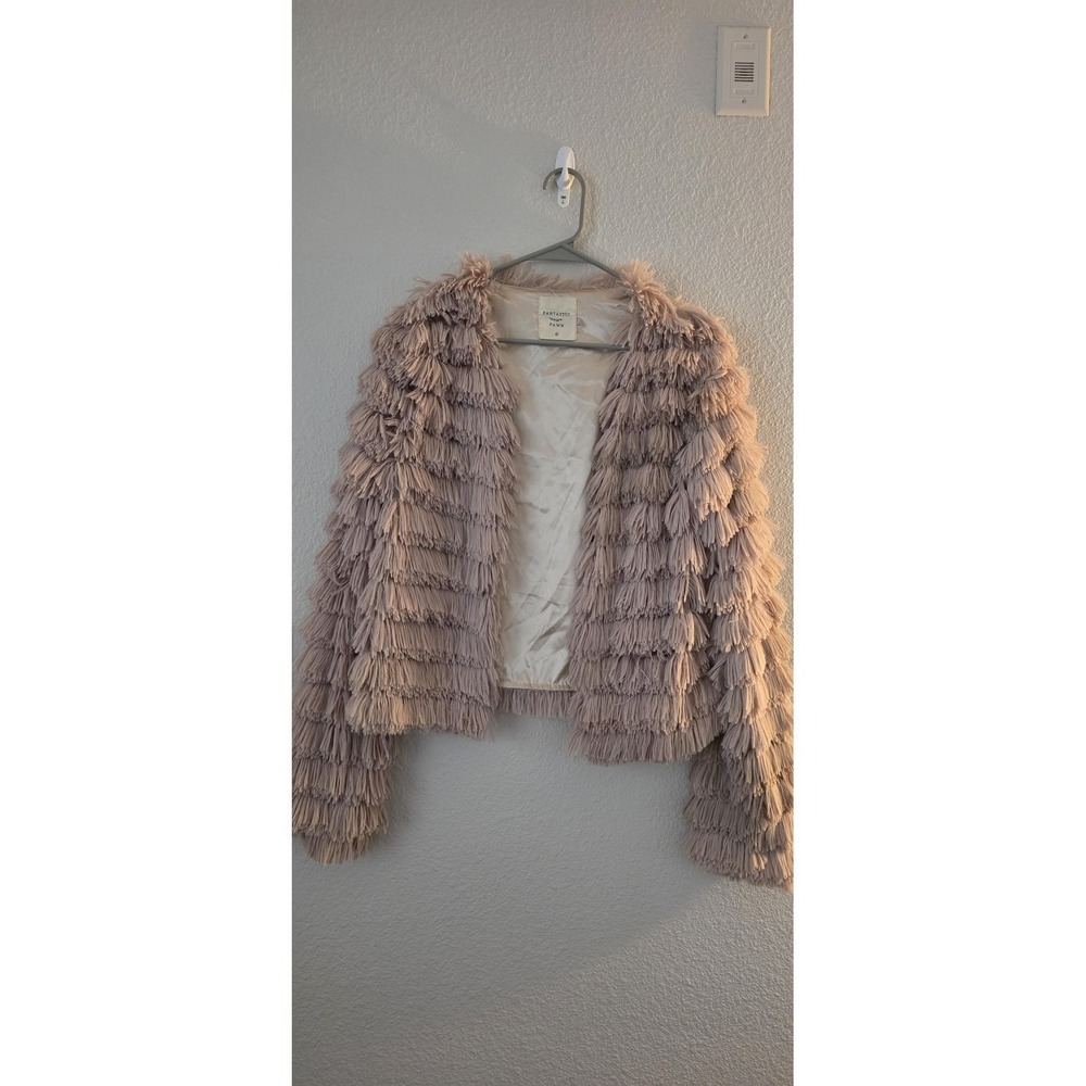 Fantastic Fawn Jacket Womens Medium Beige Fringe Tassel Open‎ Front Boho Party